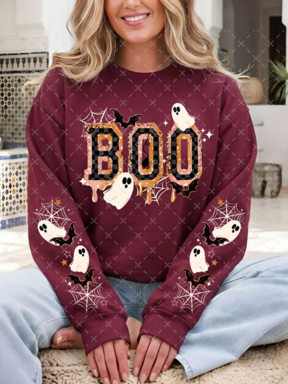 BOO Halloween Sweatshirt Ghost Crewneck Spider Web Bat Spooky Season Pullover